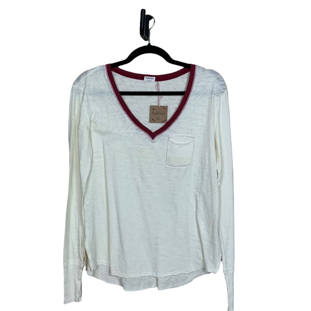 Hello Nite Long Sleeve V Neck Single Pocket Shirt Ivory Size Small